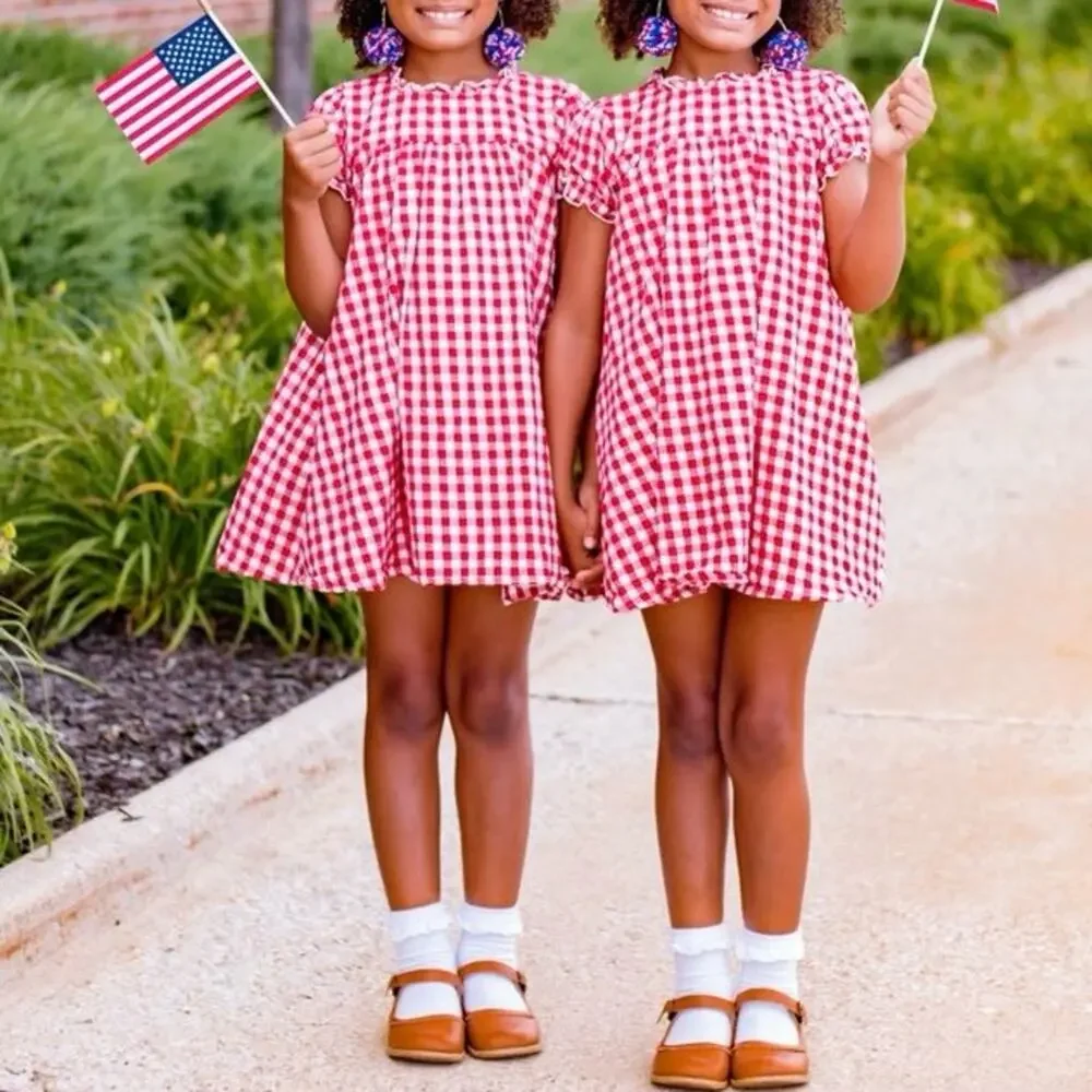 Merce & Me Dress Girls 10 Red Gingham Puff Sleeve Ruffle Flannel Vtg Inspired